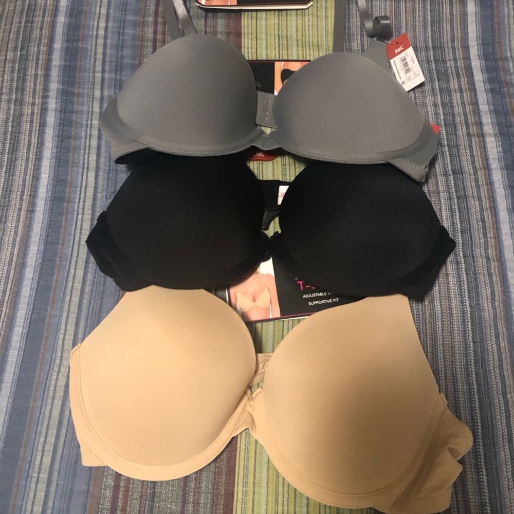 Final New 3 piece 36C - Gray, Black, and Tan Tee Shirt Bras.